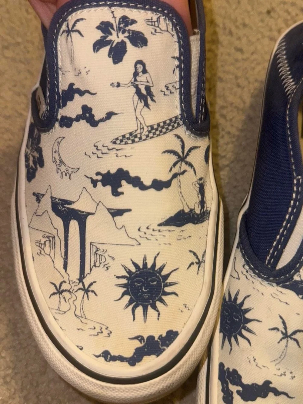 Vans Blue & White Surf Print Slip-On Loafers
